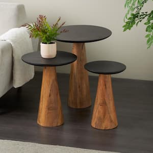 20 in. Brown Handmade Cone Shaped Large Round Wood Coffee Table with Black Tabletops (3-Pieces)
