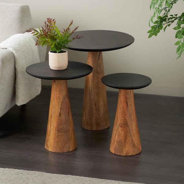 Litton Lane 20 in. Brown Handmade Cone Shaped Large Round Wood Coffee Table with Black Tabletops (3-Pieces)