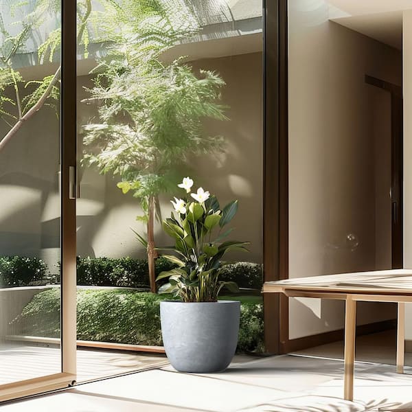 Sapcrete 14 in. Large Soft Slate Concrete Round planter / Pot with drainage holes