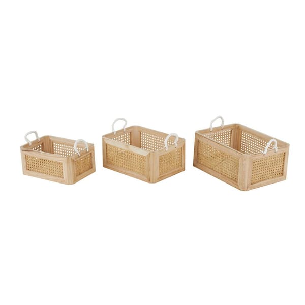 Litton Lane Rattan Woven Storage Basket with White Rope Handles (Set of 3)