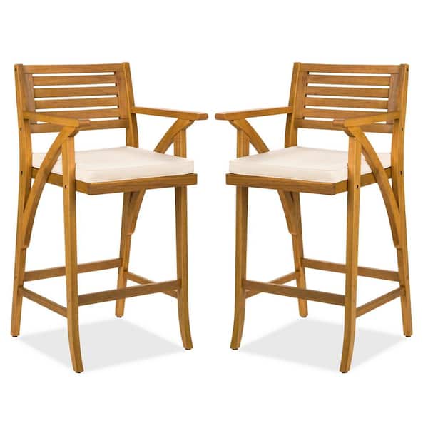 Set of 2-Acacia Wood Outdoor Bar Stool with White Cushions