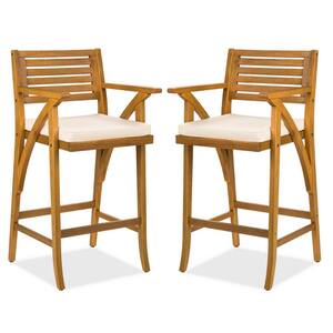 Set of 2-Acacia Wood Outdoor Bar Stool with White Cushions