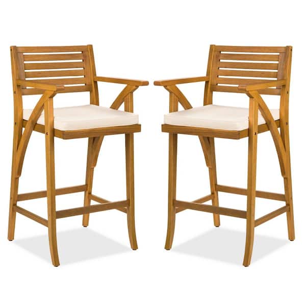 Best Choice Products Set of 2-Acacia Wood Outdoor Bar Stool with White Cushions