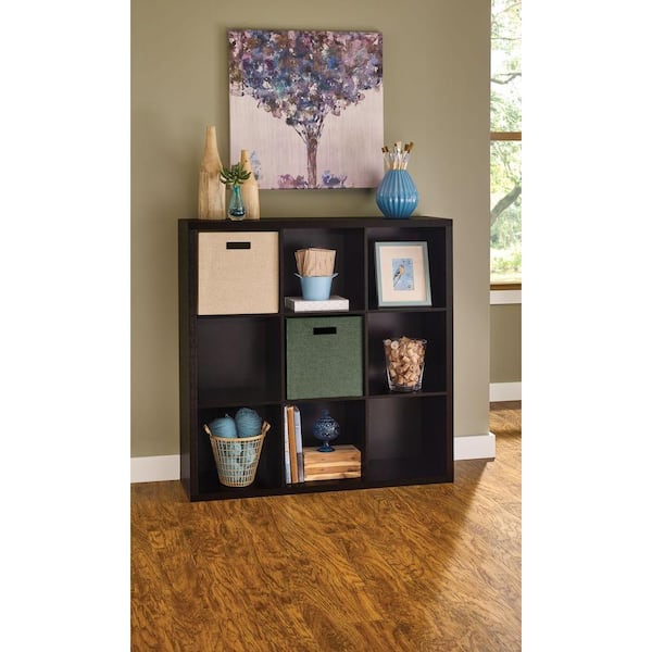 44 in. H x 44 in. W x 14 in. D Black Walnut Wood Look 9-Cube Storage Organizer