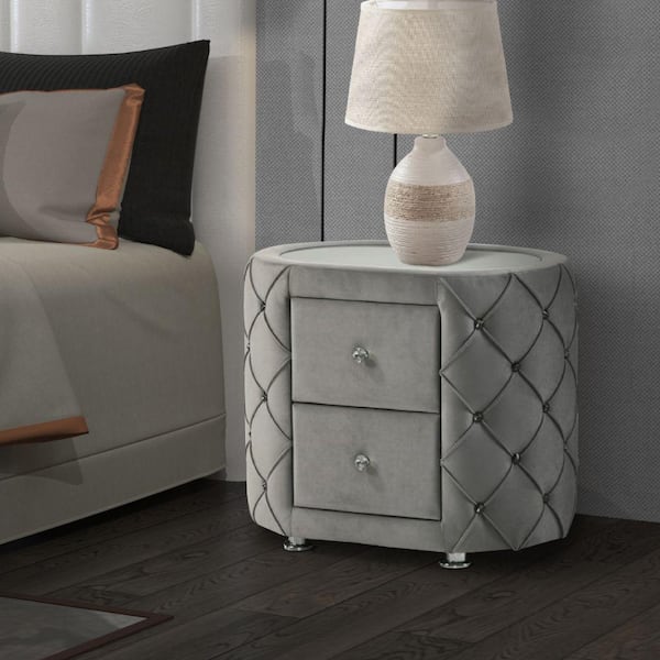 Benjara Grey Oval 2-Drawers Nightstand with Tufted Velvet Upholstery (29 in. D x 19 in. W x 23 in. H)