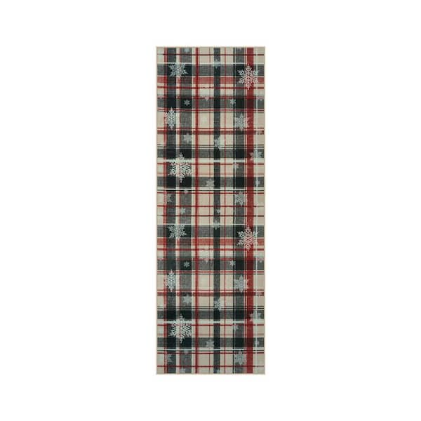2 ft. x 6 ft. Christmas Farmhouse Snow Flake Rustic Plaid Washable Non Slip Entryway Kitchen Red and Black Area Rug