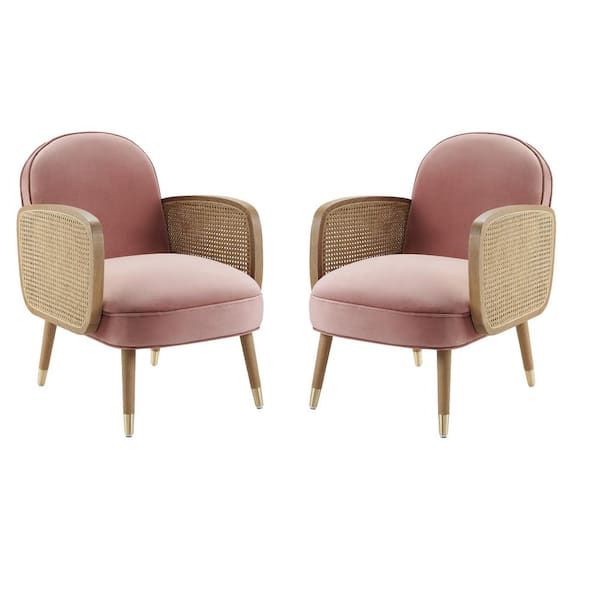 Art Leon Rustic Pink Velvet Woven Rattan Armrest Accent Arm Chairs (Set of 2)