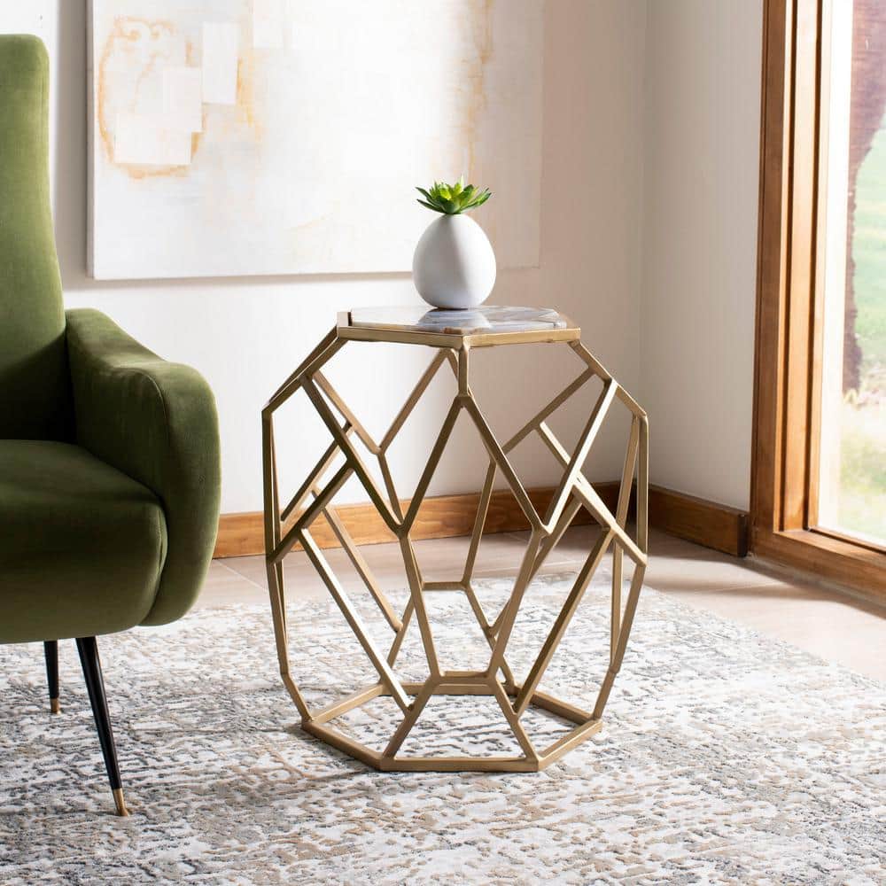 Ava Gold and Multi-Colored Agate Hexagonal Accent Table