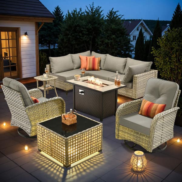 OVIOS Supery Gray 9-Piece Wicker Patio Rectangle Fire Pit Conversation ...