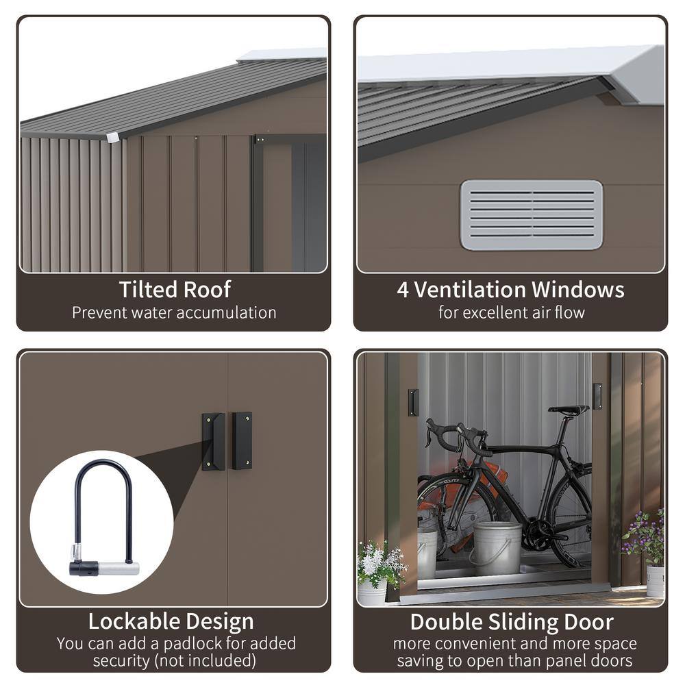 Brown Metal Outdoor Storage Shed with Windows and Sliding Doors