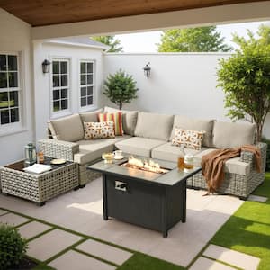 Tiberte Gray 7-Piece Wicker Patio Rectangle Fire Pit Conversation Set with Beige Cushions