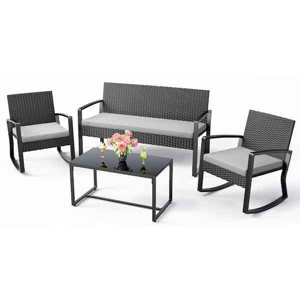 Lofka 4 Piece Outdoor Patio Furniture Set with Glass Coffee Table, Rocking Wicker Bistro Set, for Backyard, Poolside, Gray
