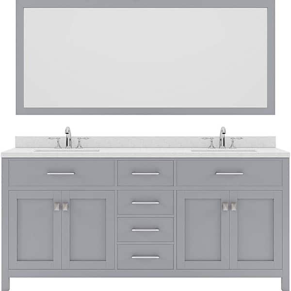 Virtu USA Caroline 72 in. W Bath Vanity in Gray with Quartz Vanity Top in White with White Basin and Mirror