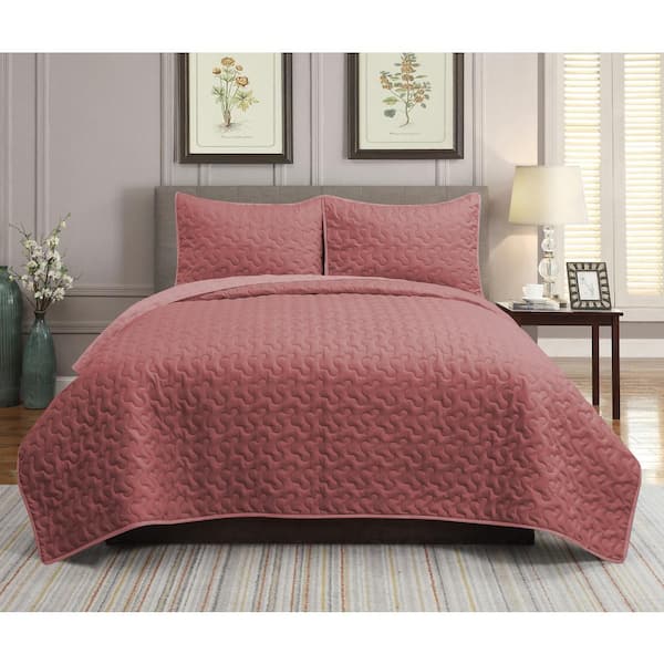 York 3-Piece Coral Microfiber King Quilt Set