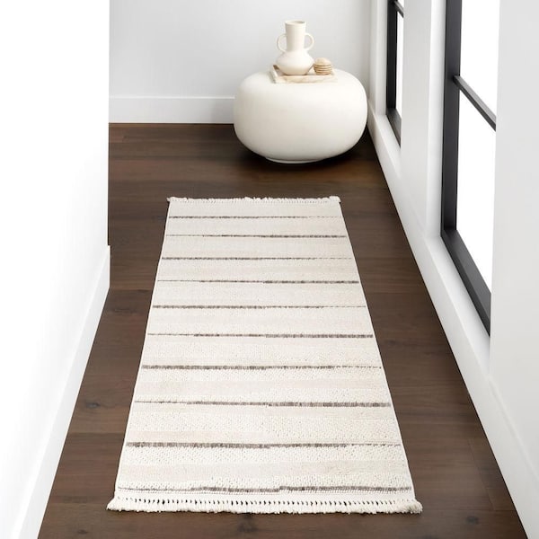 Aloe Striped Tassels Area Beige 3 ft. x 6 ft. Indoor Runner Rug