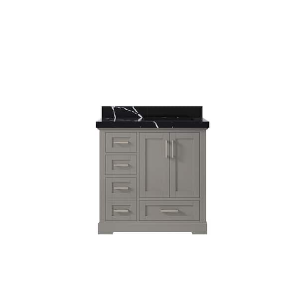 Willow Collections Boston 36 in. W x 22 in. D x 36 in. H Right Offset Sink Bath Vanity in Elephant Gray with 2" Calacatta Black Qt. Top