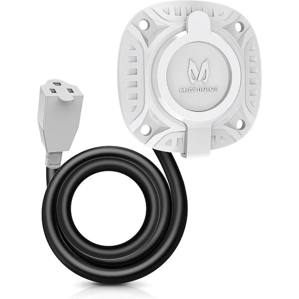 15Amp 125 Volt AC Port Plug with Integrated Heavy Duty Extension Cord and Water-Resistant Cap in White