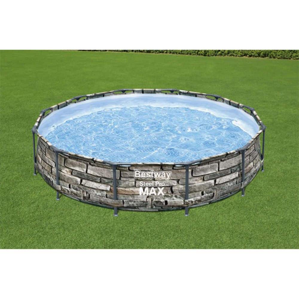 12ft Stone Print Steel Frame Round Above Ground Pool with Filter Pump