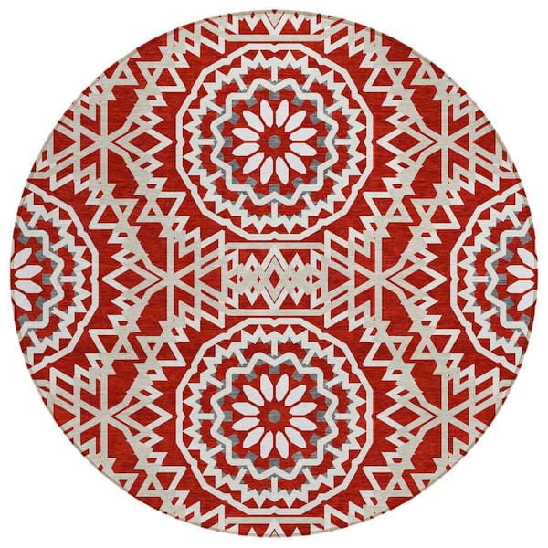 Red, Beige, Ivory 8 ft. Round Woven Floral, Medallion Polyester Round Indoor/Outdoor Area Rug