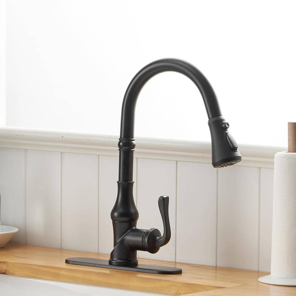 Matte Black Single-Handle Pull-Down Kitchen Faucet with Deck Plate