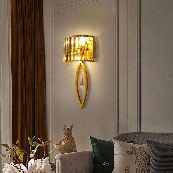 OUKANING 9 in. 2-Light Gold Modern Crystal Wall Sconce Wall