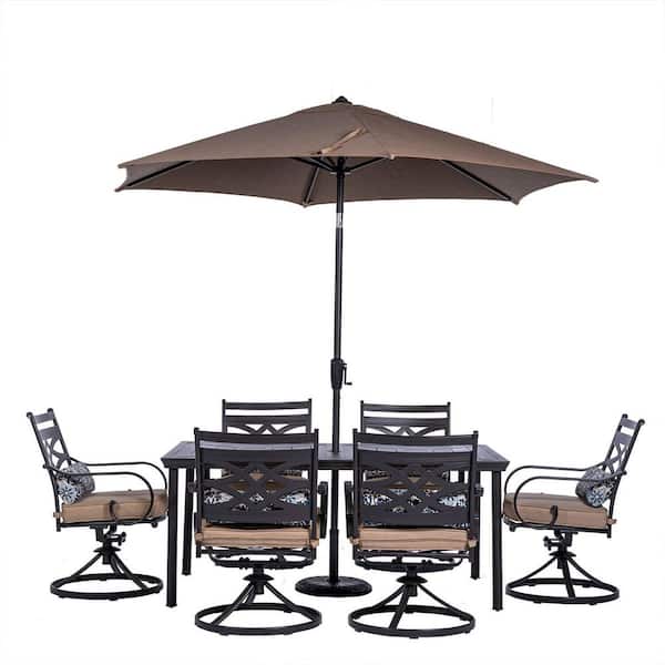 Hanover Montclair 7-Piece Steel Outdoor Dining Set with Tan Cushions, 6 Swivel Rockers, 40 in. x 66 in. Table and Umbrella