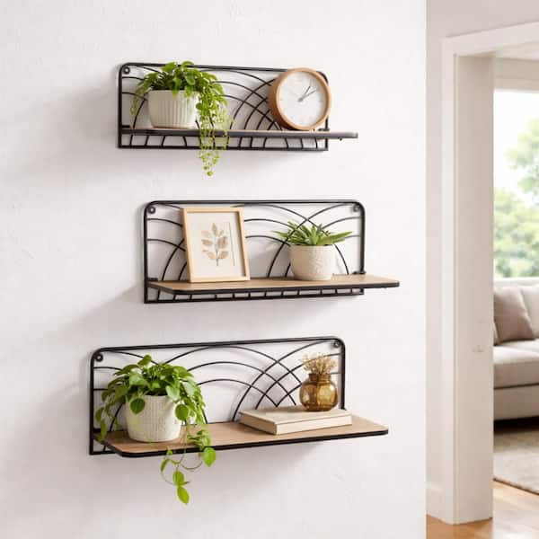 24 in. x 6 in. Brown Wood with Geometric Metal Backing Decorative Accent Wall Shelf (Set of 3)