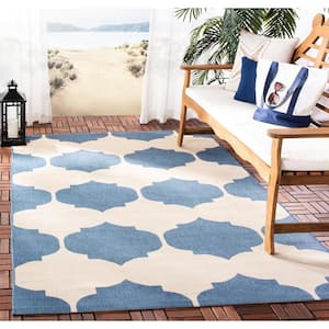 Courtyard Beige/Blue 5 ft. x 5 ft. Square Geometric Indoor/Outdoor Patio  Area Rug