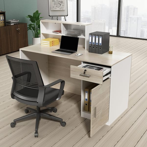 FUFU&GAGA 23.6 in. Rectangular White MDF Writing Desk with Flat Desktop, 1-Drawer, 4-Shelves and a Single -Door Container