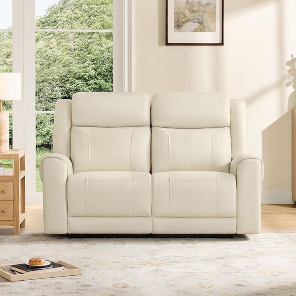 Carter 61.02 in. Dual Motors Wall Hugger Leather Power Reclining Rectangle Sofa in Cream with Cup Holders, Side Pockets