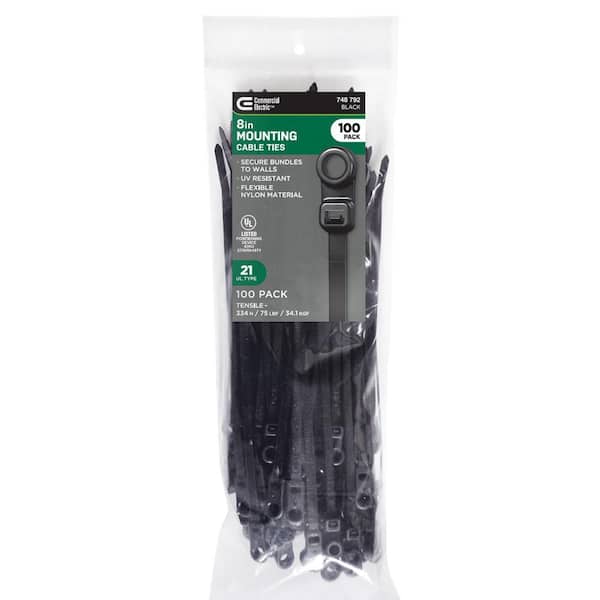 8in Mountable 75lb Tensile Strength UL 21 Rated Cable Zip Ties 100 Pack UV (Black)