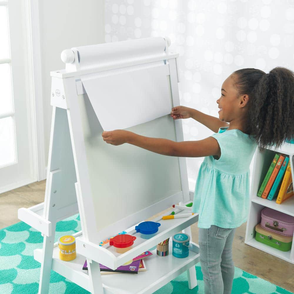 White Freestanding Double-Sided Easel with Paper Roll and Storage