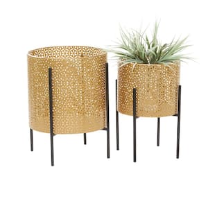 15 in., and 14 in. Medium Gold Metal Indoor Outdoor Planter with Removable Stand (2- Pack)