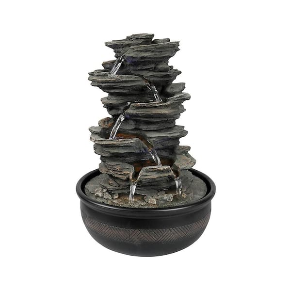 Rockery Indoor Tabletop Fountain with LED Lights-15. 7in. 6-Tiered Resin Crafted Stacked Water Fountain for Home Decor