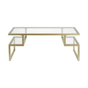 45 in. Gold Rectangle Glass Coffee Table with Shelves;Storage