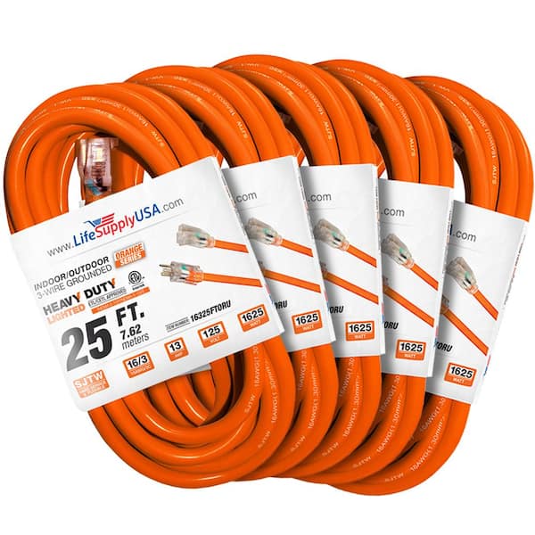 LifeSupplyUSA 25 ft. 16-Gauge/3-Conductors SJTW Indoor/Outdoor Extension Cord with Lighted End Orange (5-Pack)