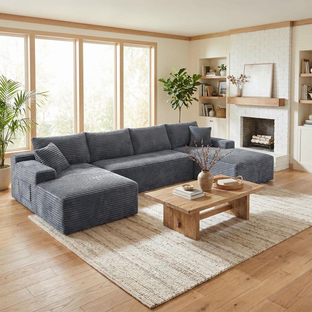 132.1 in. 4-Seater Square Arms Corduroy Modular Compressed Sectional Sofa with Chaises and Pillows in Gray price history on PriceWatchPro