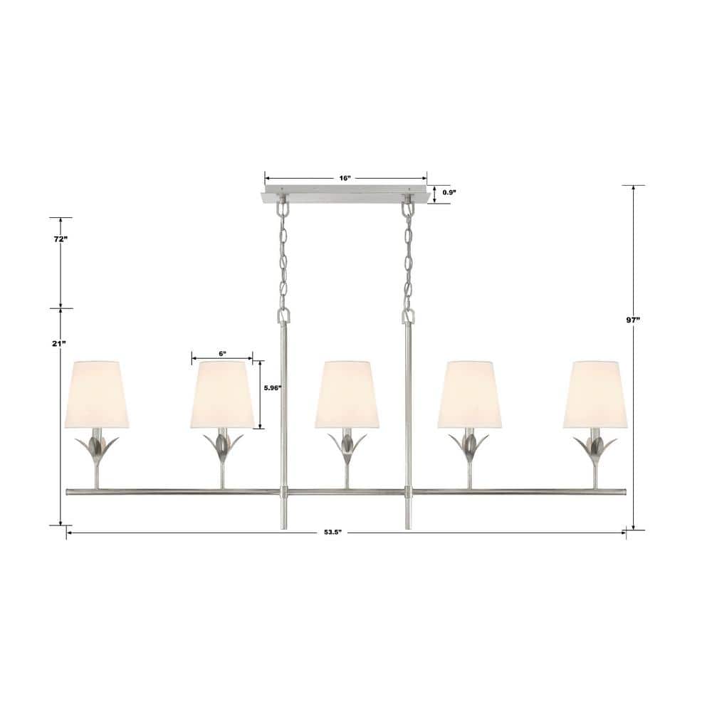 Antique Silver 5-Light Chandelier with White Silk Shades