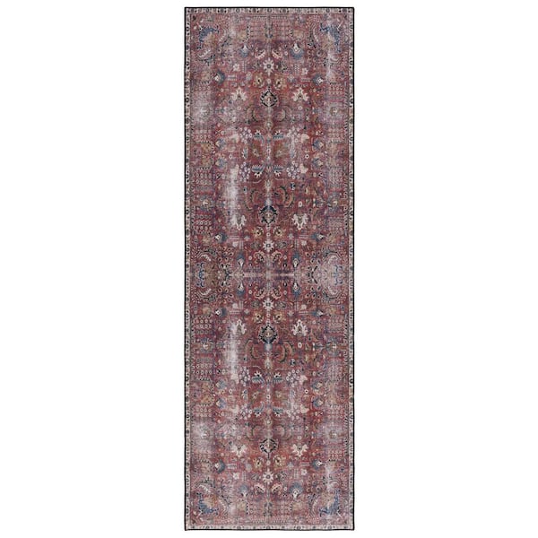SAFAVIEH Tucson Red/Beige 3 ft. x 8 ft. Machine Washable Distressed Border Floral Runner Rug