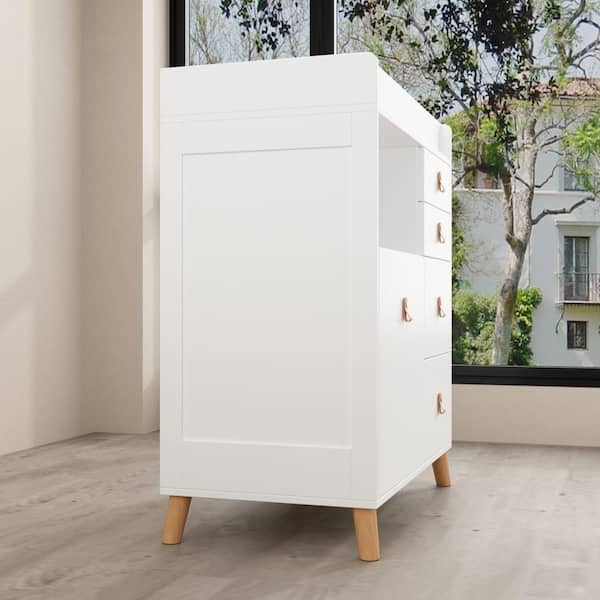 White 5-Drawer 33.5 in. Width Wooden Stylish Kids Low Dresser, Chest of Drawers, Storage Cabinet with Open Shelf