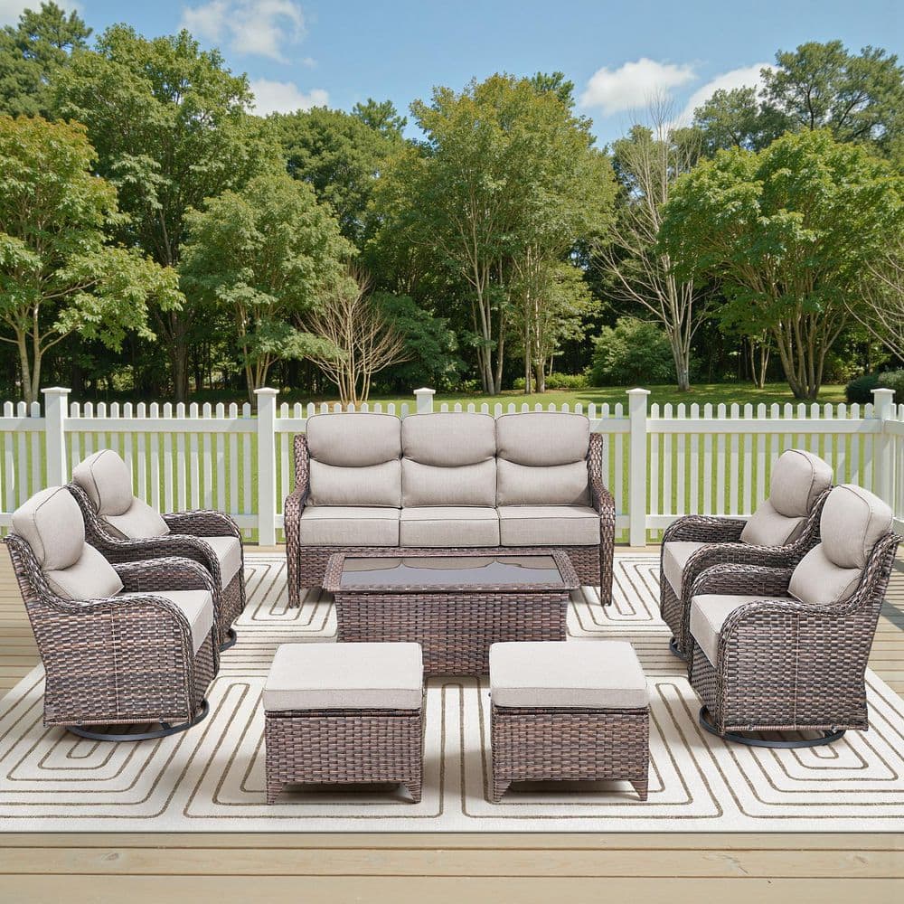 Holion Brown 8-Piece Wicker Patio Conversation Sofa Seating Set with Swivel Rocking Chairs and 6 in. Beige Cushions price history on PriceWatchPro
