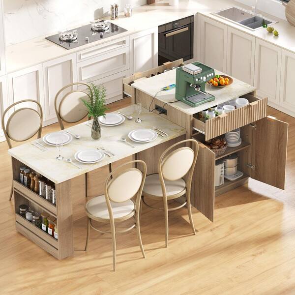Natural 82.6 in. Fluted Kitchen Island Storage Cabinet with Extendable Dining Table, Power Outlet, 2 Drawers