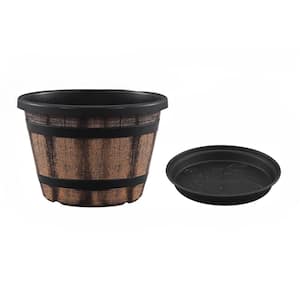 Whiskey Barrel 10L Brown Indoor Plastic Planter with Saucer for Outdoor 8 in. L x 12 in. W x 8.3 in. H (4-Pack)