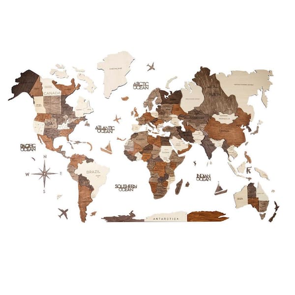HomeRoots 79 in. x 47 in. Brown, Beige Beige Wood World Map Hanging Dimensional Wall Art 1-Piece