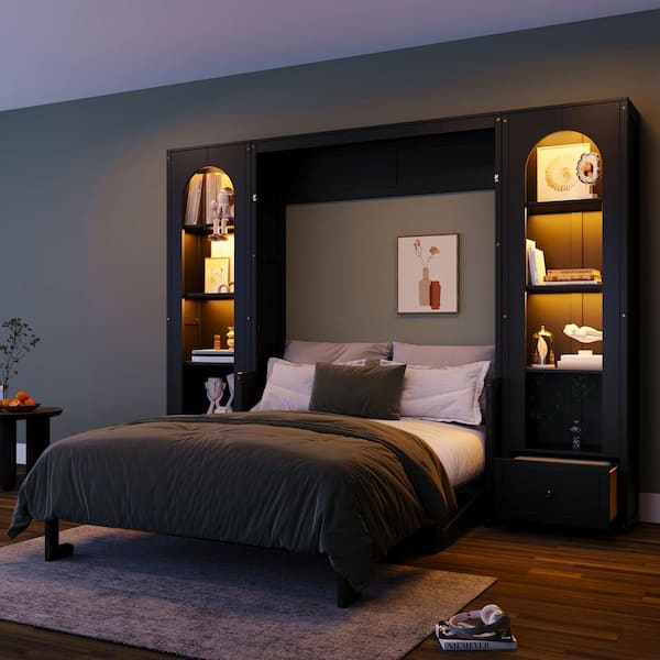 Black Wood Frame Queen Size Murphy Bed, Wall Bed with Shelves, 2-Drawer, LED Lights, Desk