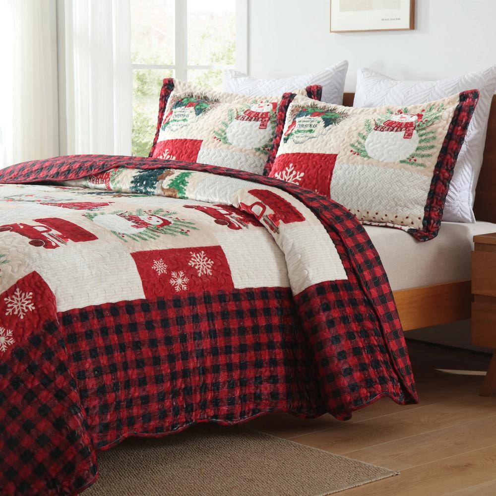Queen Red Velvet Reversible Christmas Quilt Set