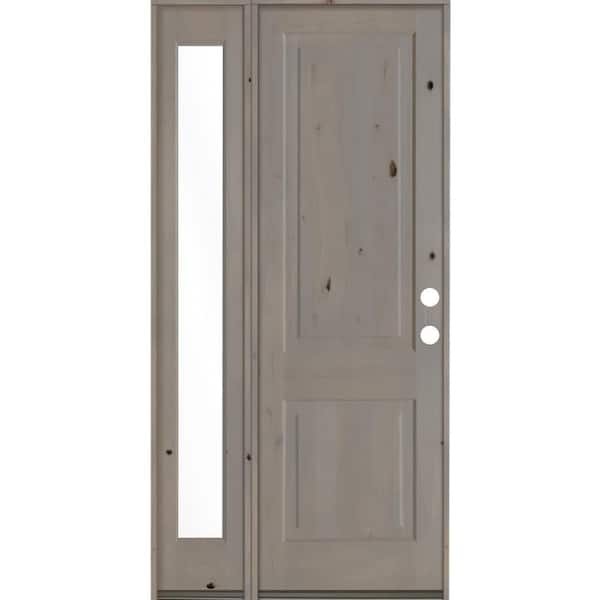 Krosswood Doors 44 in. x 96 in. Rustic knotty alder Left-Hand/Inswing Clear Glass Grey Stain Wood Prehung Front Door with Left Sidelite
