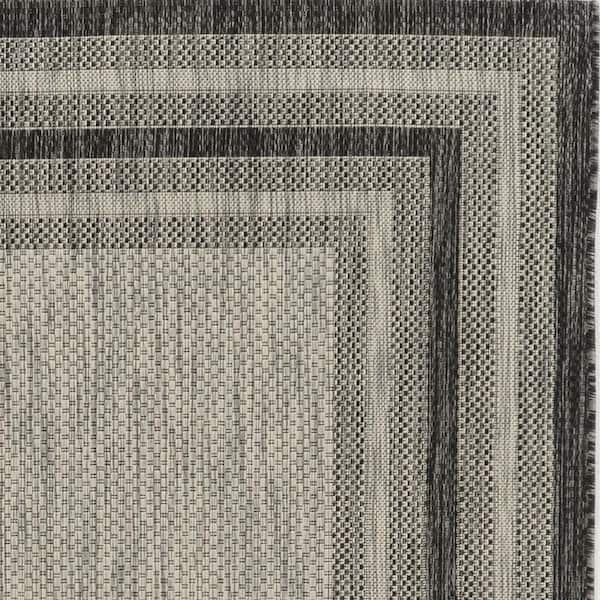 Isla Gray 8 ft. Round Border Striped Indoor/Outdoor Area Rug