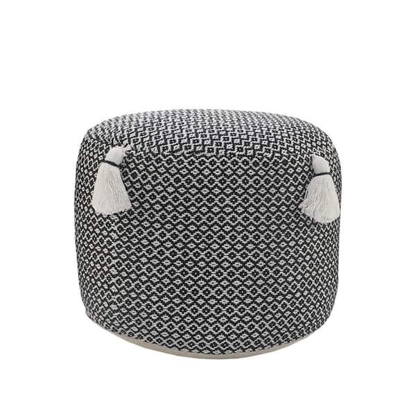 HomeRoots Amelia Black Cotton Round Accent Ottoman