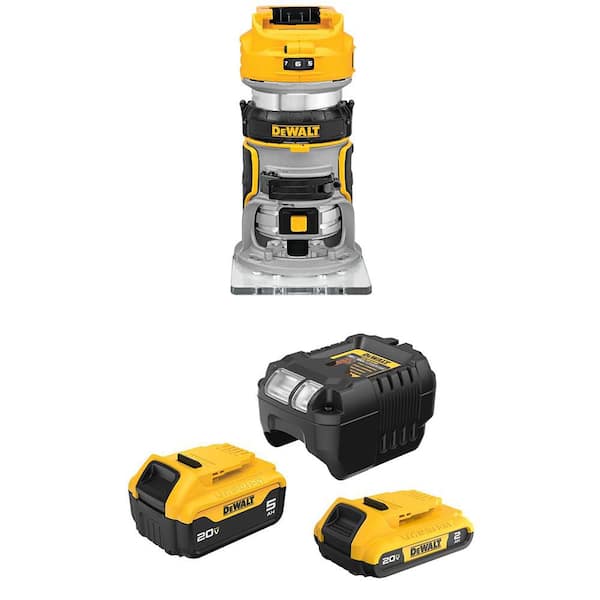 20V MAX XR Lithium-Ion Cordless Brushless Fixed Base Compact Router with 20V MAX 5.0 Ah and 2.0 Ah Batteries and Charger